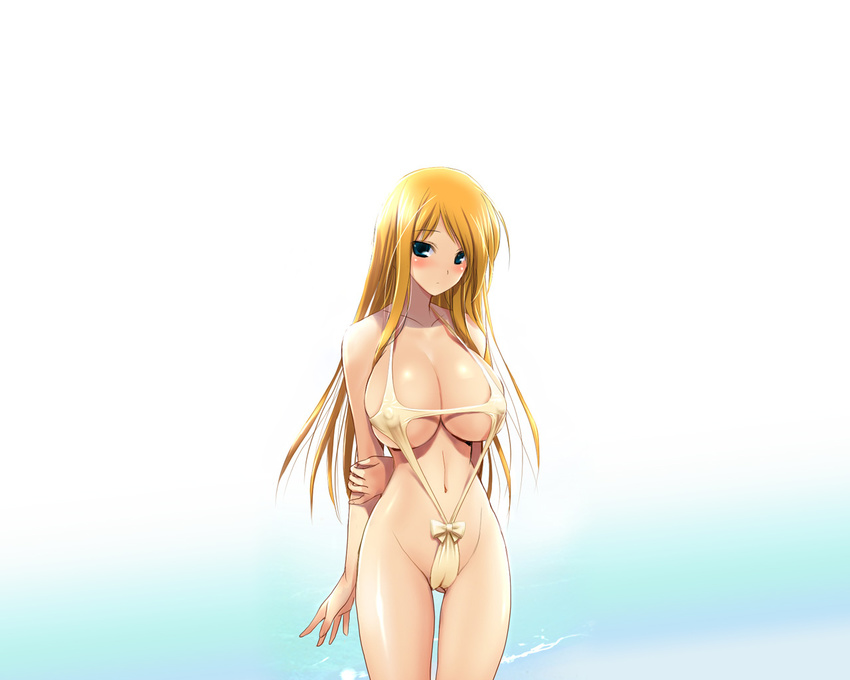 arms_behind_back beach blonde_hair blue_eyes blush bow breasts cameltoe copyright_request covered_nipples hima huge_breasts long_hair slender slingshot_swimsuit solo swimsuit wallpaper water