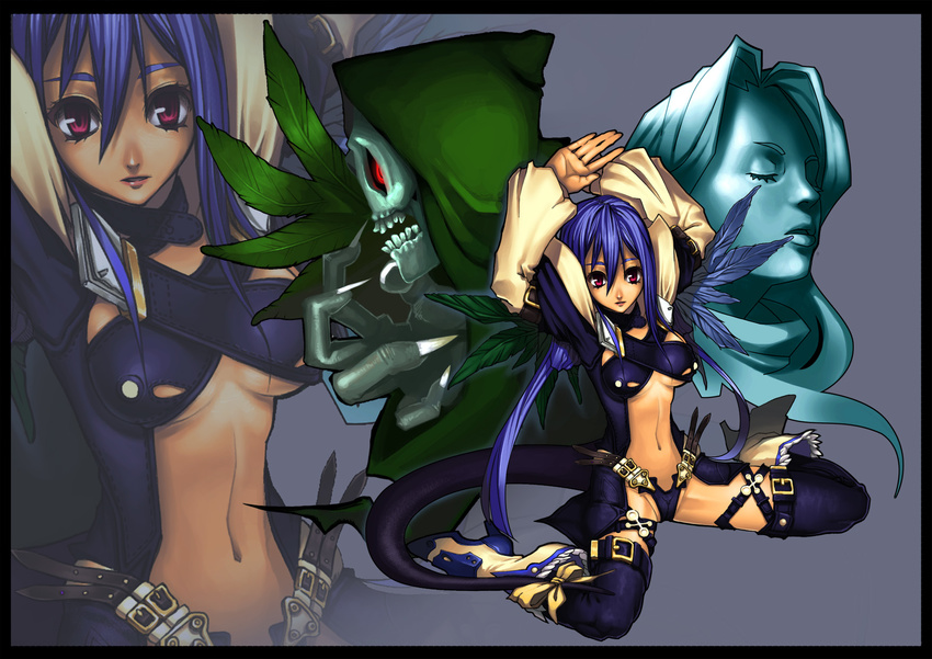 arms_up asymmetrical_wings black_legwear blue_hair boots breasts buckle cameltoe collar dizzy feathers guilty_gear highres large_breasts long_hair midriff navel necro_(guilty_gear) red_eyes ribbon shuuei simple_background sitting strap tail tail_ribbon thigh_strap thighhighs undine_(guilty_gear) wings zoom_layer