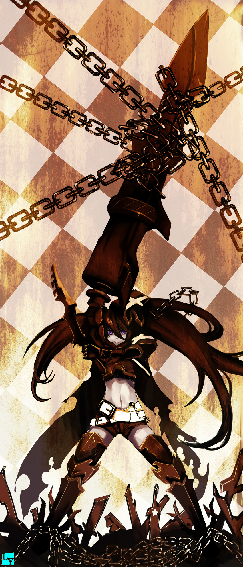 absurdres armor belt black_hair black_rock_shooter boots chain checkered checkered_background gauntlets greaves highres huge_weapon insane_black_rock_shooter long_hair loose_belt midriff nanaya_(daaijianglin) pale_skin purple_eyes shorts solo sword thighhighs twintails uneven_twintails weapon