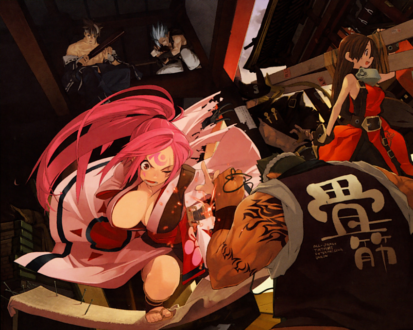 3boys anchor baiken breasts chipp_zanuff cleavage guilty_gear guilty_gear_xx japanese_clothes johnny_sfondi kataginu kimono large_breasts may_(guilty_gear) mito_anji multiple_boys multiple_girls pink_eyes pink_hair ponytail scar tattoo unaji wince