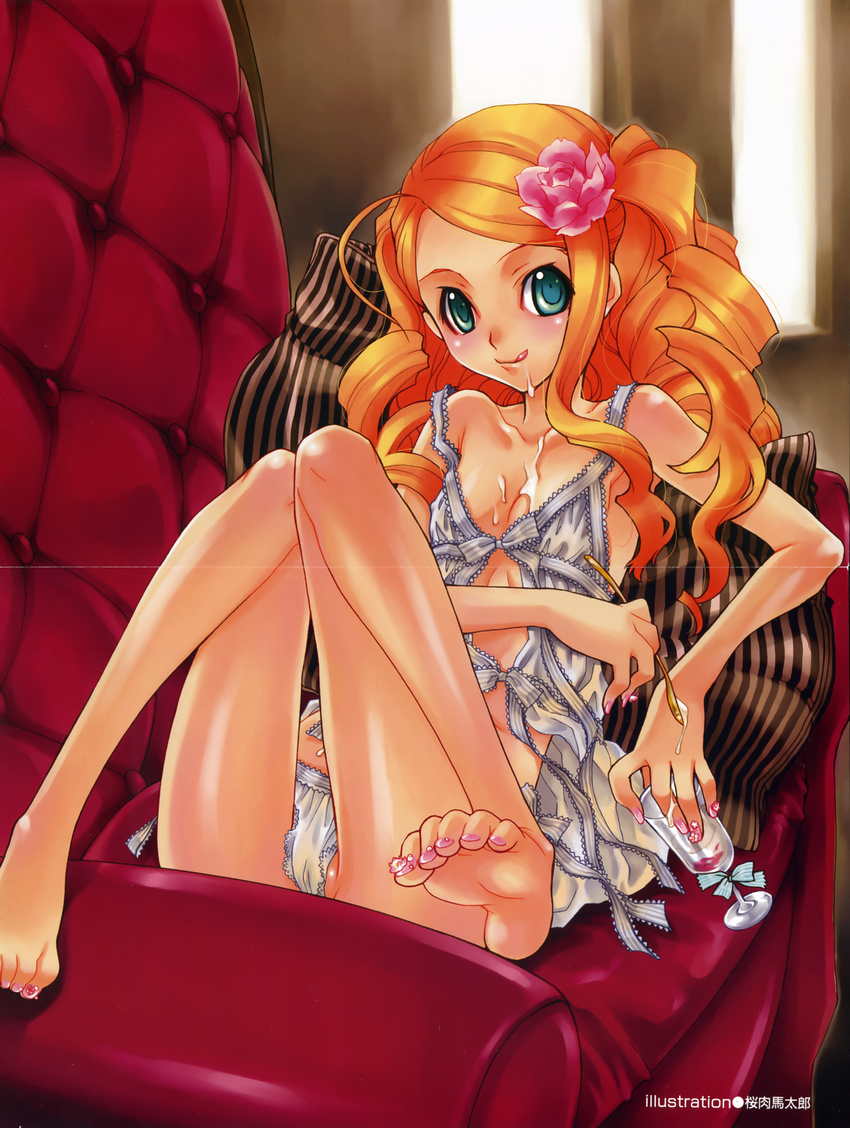:q ahoge barefoot blue_eyes blush cameltoe chair chemise copyright_request crease curly_hair feet flat_chest flower food glass hair_flower hair_ornament highres ice_cream long_hair lying messy nail_art nail_polish no_bra no_pants on_back orange_hair panties pillow pink_nails reclining sakuraniku_umatarou scan sexually_suggestive side-tie_panties soles solo spoon strap_slip striped suggestive_fluid thigh_gap toe_scrunch toenail_polish toes tongue tongue_out underwear white_panties window