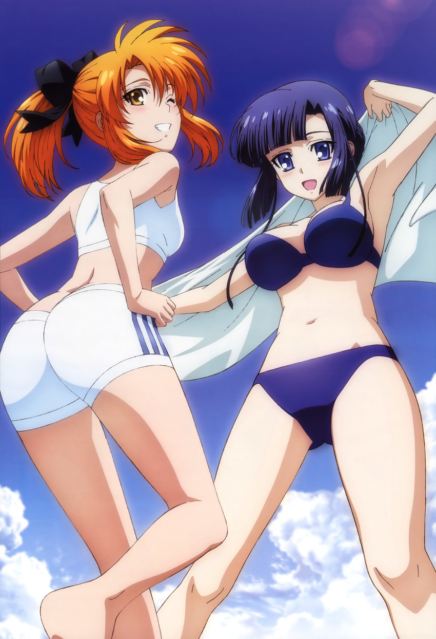 absurdres armpits ass asura_cryin' barefoot bikini blue_eyes blue_hair brown_eyes cloud day highres komori_atsushi lens_flare minakami_misao multiple_girls non-web_source nyantype official_art one_eye_closed orange_hair ponytail scan short_hair sky swimsuit takatsuki_kanade