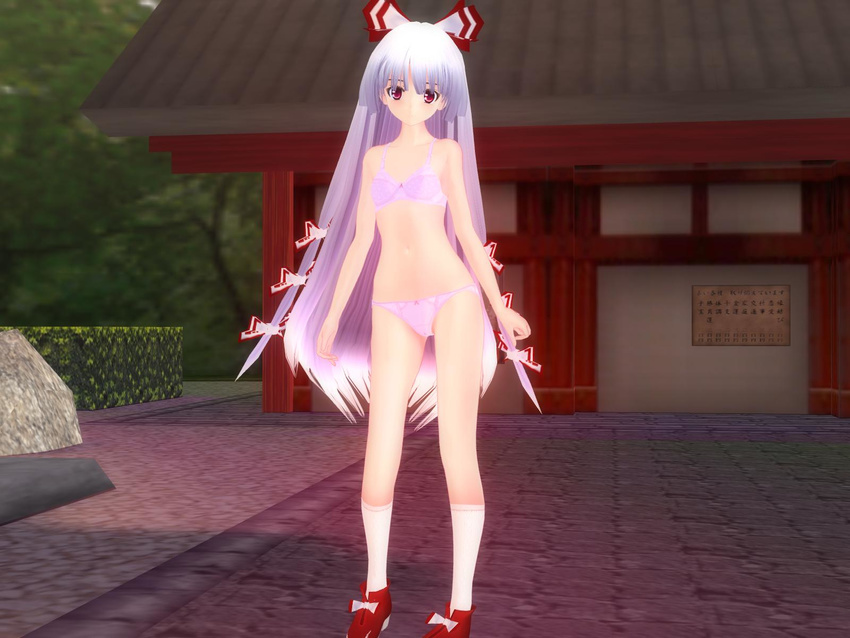 3d artist_request fujiwara_no_mokou highres lingerie long_hair lovedeath_2 red_eyes ribbon socks solo touhou underwear white_hair