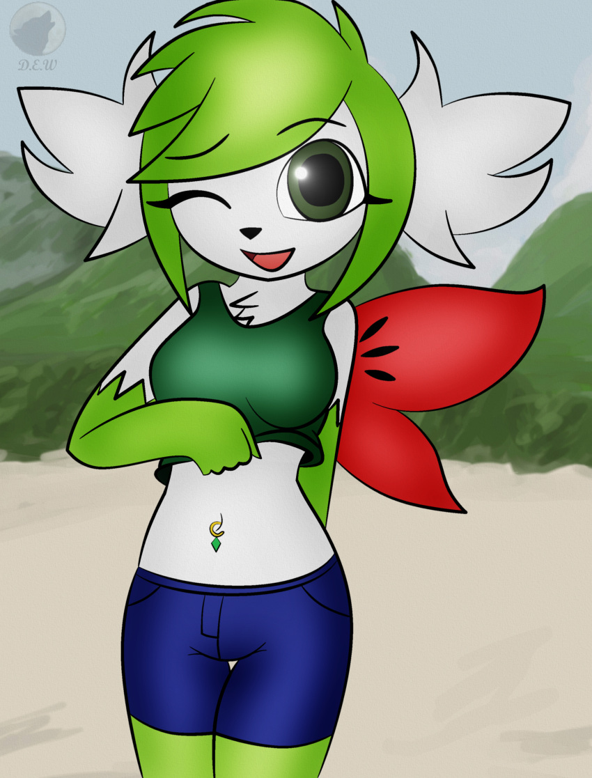 2015 absurd_res anthro black_nose breasts chest_tuft clothed clothing clothing_lift dreameclipsewolf eyebrows eyebrows_visible_through_hair female fur gloves_(marking) green_eyes green_hair hair hi_res legendary_pok&eacute;mon looking_at_viewer markings midriff navel navel_piercing nintendo one_eye_closed open_mouth open_smile piercing pok&eacute;mon pok&eacute;mon_(species) pok&eacute;morph portrait shaymin shaymin_(sky_form) smile solo three-quarter_portrait tuft video_games watermark white_fur wink