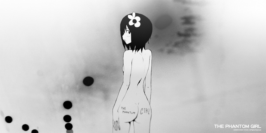 arms_at_sides artist_name ass body_writing breasts cowboy_shot facing_away flat_ass flower from_behind greyscale hair_flower hair_ornament looking_at_viewer looking_back monochrome nude original profile shokubai_phantom_girl short_hair small_breasts solo