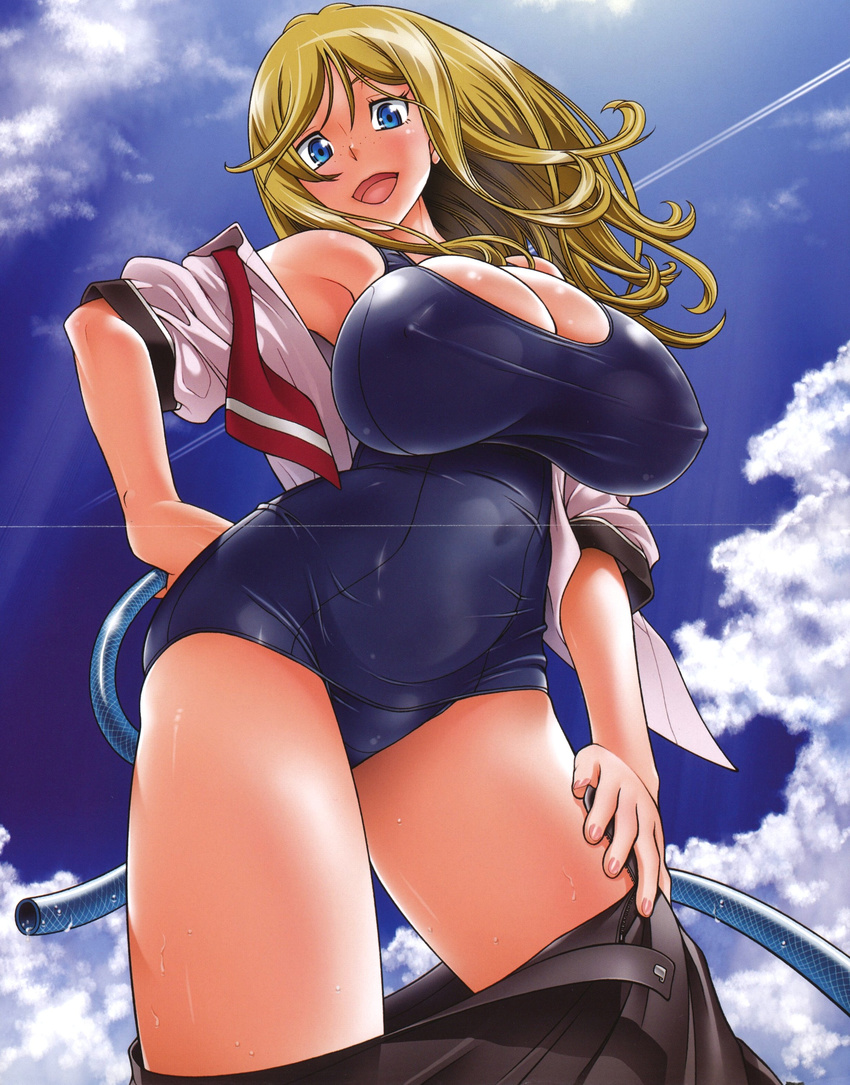 absurdres blonde_hair blue_eyes blush breasts comic covered_nipples eleanor_mercer eromanga freckles fukudahda highres honey_blonde hose huge_breasts long_hair non-web_source one-piece_swimsuit open_clothes open_mouth open_shirt scan school_swimsuit school_uniform shirt skirt skirt_pull smile solo swimsuit swimsuit_under_clothes