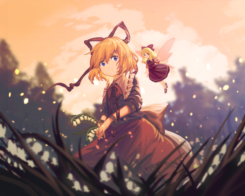 1girl blonde_hair blouse blue_eyes cloud dress eyebrows_visible_through_hair fairy_wings field flower flower_field from_below furahata_gen glint grass hair_between_eyes hair_ribbon highres holding holding_flower light_particles lily_of_the_valley long_hair looking_at_viewer medicine_melancholy orange_sky outdoors parted_lips red_blouse red_dress red_skirt ribbon short_hair skirt sky sleeves_past_elbows smile standing su-san tears touhou twilight wind wings