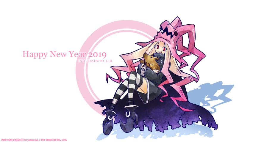1girl boar dragon:_marked_for_death gradient_hair hat highres inti_creates long_hair looking_at_viewer multicolored_hair new_year official_art open_mouth pink_eyes simple_background smile striped striped_legwear thighhighs very_long_hair wallpaper watermark white_background witch_(dmfd) witch_hat