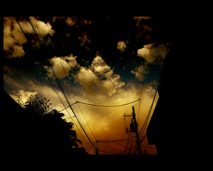 bad_pixiv_id cloud copyright_request house night no_humans pole power_lines scenery shimei_jien sky