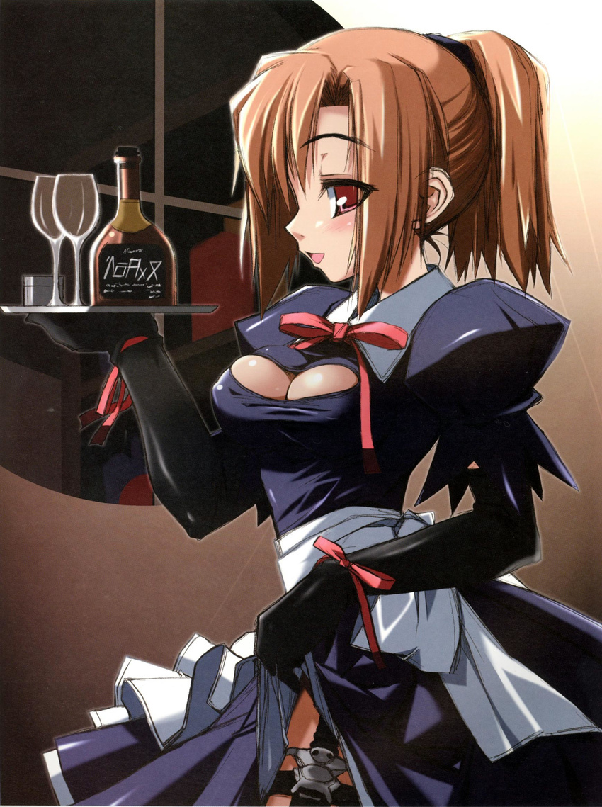 blush bottle breasts cleavage copyright_request dagger dress gloves haga_yui highres large_breasts red_eyes ribbon smile solo waitress weapon