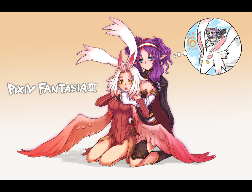 :o animal_ears blue_eyes breasts cape cararina gigandal_federation kara_(color) kneeling large_breasts letterboxed multiple_girls pixiv_fantasia pixiv_fantasia_3 pointy_ears purple_hair white_hair wings yellow_eyes