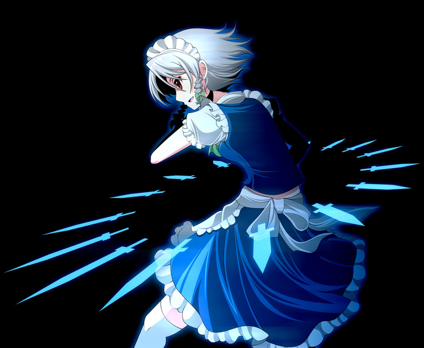 braid danmaku der_junge izayoi_sakuya knife maid red_eyes short_hair silver_hair solo thighhighs touhou twin_braids