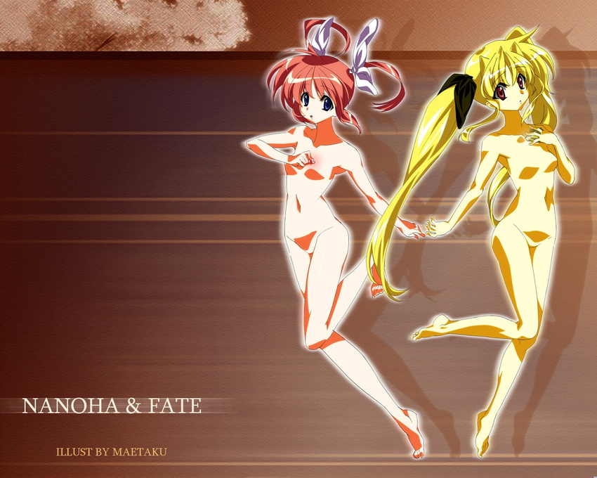 barefoot blonde_hair fate_testarossa legs lyrical_nanoha maetaku mahou_shoujo_lyrical_nanoha multiple_girls nude purple_eyes red_hair takamachi_nanoha twintails wallpaper