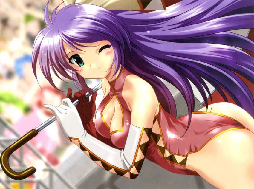 aoi_sora_no_neosphere aqua_eyes ass breasts cleavage cleavage_cutout elbow_gloves fawly_(aoi_umi_no_tristia) gloves green_eyes highres komatsu_eiji large_breasts purple_hair race_queen solo