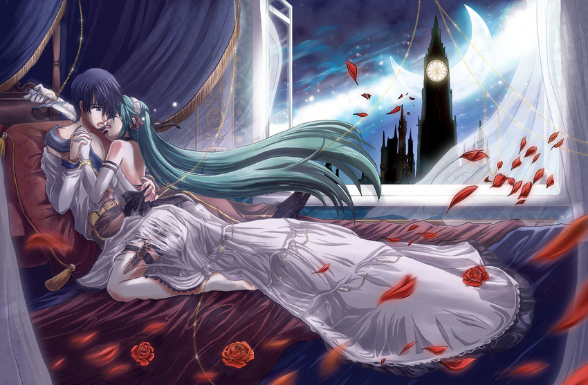 1girl aqua_eyes aqua_hair blue_eyes blue_hair cendrillon_(vocaloid) choker cinderella clock clock_tower dagger dress elbow_gloves gloves hatsune_miku hetero highres kaito kiss long_hair moon petals rose_petals salovesy tears tongue tower twintails very_long_hair vocaloid weapon