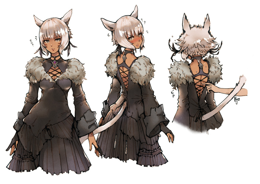 1girl absurdres animal_ears bangs black_dress blush breasts cat_ears cat_tail cleavage commentary_request dark_skin dress facial_mark final_fantasy final_fantasy_xiv from_behind fur_trim haimerejzero highres lips long_sleeves looking_at_viewer looking_back medium_breasts miqo'te multiple_views parted_lips short_hair signature silver_hair simple_background tail white_background wide_sleeves y'shtola_rhul