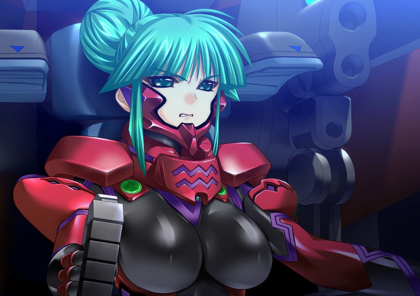 angry armor bangs blunt_bangs bodysuit bou breasts clenched_teeth cockpit game_cg gloves green_eyes green_hair hair_bun impossible_bodysuit impossible_clothes large_breasts looking_to_the_side muvluv muvluv_alternative pilot_suit short_hair sidelocks skin_tight solo teeth tsukuyomi_mana upper_body