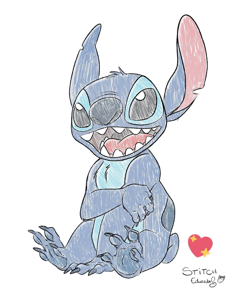 &lt;3 2019 4_toes alien back_markings black_eyes blue_claws blue_fur blue_nose blue_pawpads character_name chest_tuft claws colored_sketch disney experiment_(species) food fruit fur head_tuft hi_res lilo_and_stitch markings open_mouth open_smile pawpads signature simple_background small_tail smile solo stitch strawbear strawberry toe_claws toes tuft white_background