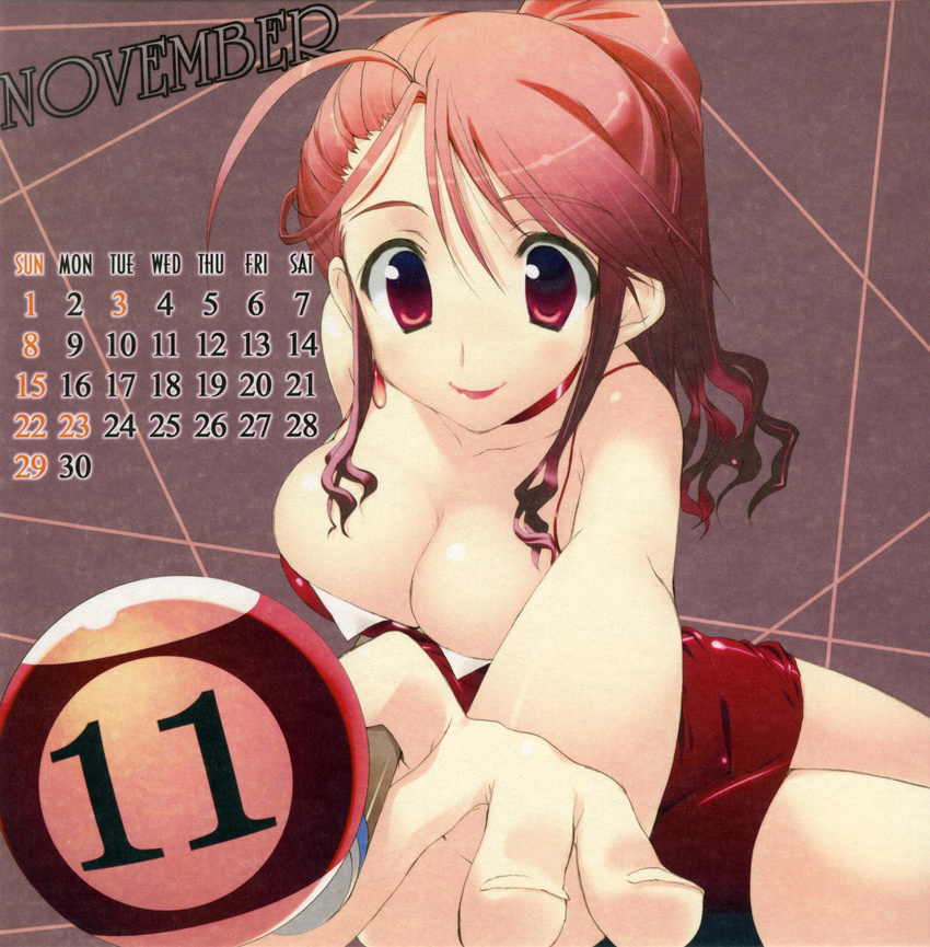 amazuyu_tatsuki ball billiards breasts calendar_(medium) choker cleavage copyright_request cue_ball cue_stick highres large_breasts lipstick long_hair makeup november pink_hair ponytail red_eyes red_skirt skirt smile solo