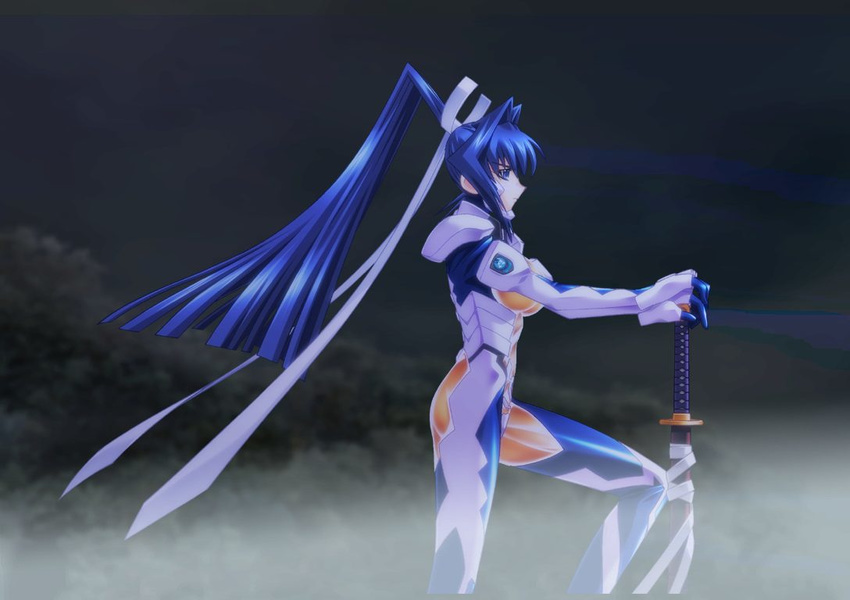 blue_eyes blue_hair bodysuit bou game_cg katana mitsurugi_meiya muvluv pilot_suit sheath sheathed solo sword weapon