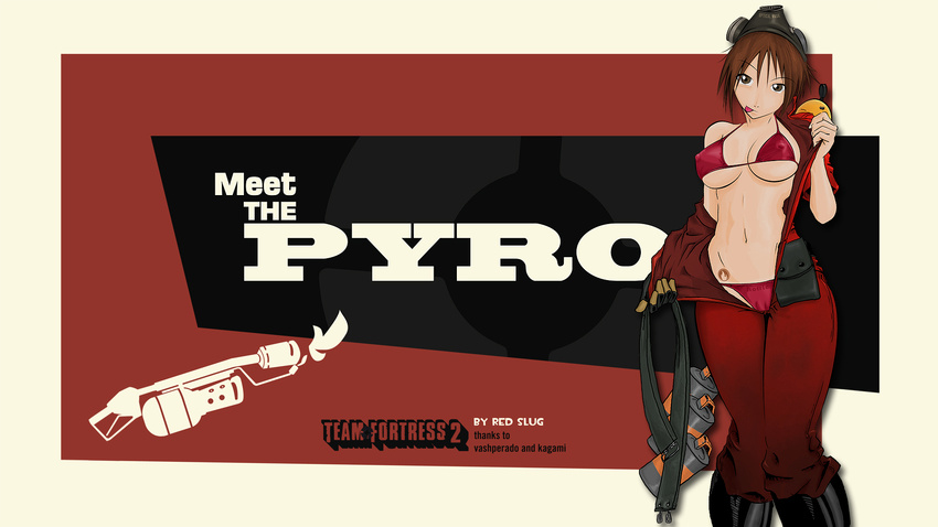 1girl bodysuit bra female highres lingerie panties pyro red_slug solo tattoo team_fortress_2 the_pyro tongue underwear undressing weapon