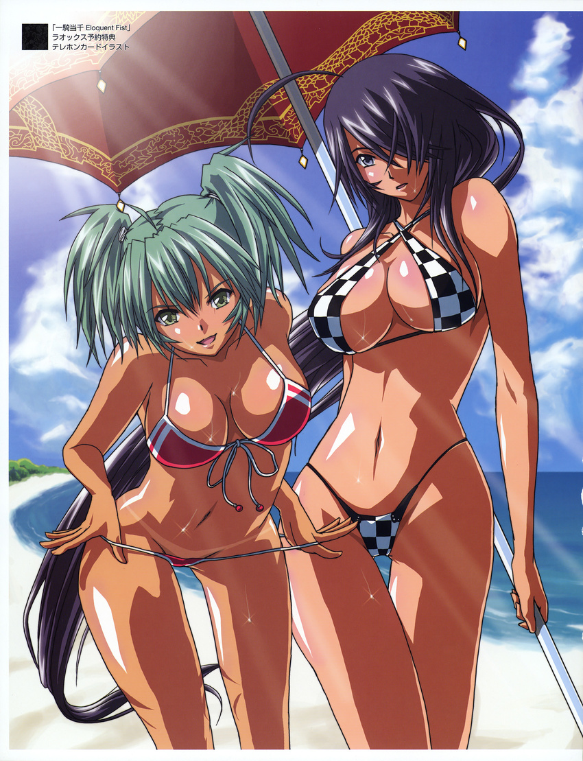 :d :o adjusting_clothes adjusting_swimsuit ahoge alternate_costume artist_request bangs beach beach_umbrella bikini bikini_pull bikini_tan black_hair blue_eyes blush body_blush breasts breasts_apart checkered checkered_bikini cleavage cloud copyright_name cowboy_shot criss-cross_halter dark_skin day front-tie_bikini front-tie_top green_eyes green_hair groin hair_over_one_eye halter_top halterneck highleg highleg_bikini highleg_swimsuit highres holding ikkitousen ikkitousen_eloquent_fist kan'u_unchou large_breasts leaning_forward light_rays long_hair looking_at_viewer multiple_girls navel ocean official_art open_mouth outdoors pulled_by_self red_bikini ryofu_housen scan scrunchie shiny shiny_skin short_hair short_twintails sideboob sky smile sparkle standing strap_pull string_bikini sunbeam sunlight swimsuit swimsuit_pull tan tanline thigh_gap twintails umbrella very_long_hair water wide_hips