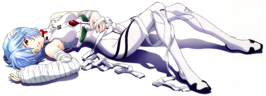 absurdres artist_request ayanami_rei bandage_over_one_eye bandages bare_shoulders blue_hair bodysuit cast eyepatch highres incredibly_absurdres long_image lying neon_genesis_evangelion on_back pale_skin plugsuit red_eyes short_hair solo white_bodysuit wide_image