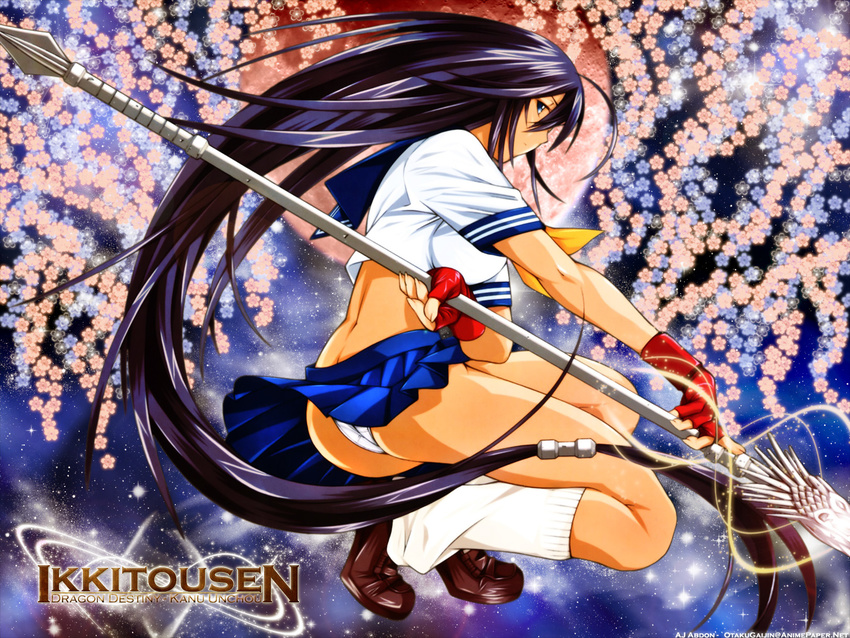 ahoge ass back blue_eyes blue_hair breasts butt_crack character_name copyright_name crop_top fingerless_gloves flower full_moon gloves glowing highres ikkitousen ikkitousen_dragon_destiny kan'u_unchou large_breasts loafers long_hair looking_back loose_socks low-tied_long_hair moon necktie official_art panties pantyshot pantyshot_(squatting) pleated_skirt polearm profile red_gloves red_moon school_uniform serafuku shiozaki_yuji shoes skirt skirt_lift sky socks solo squatting star_(sky) starry_sky underwear very_long_hair wallpaper weapon white_legwear white_panties wind wind_lift