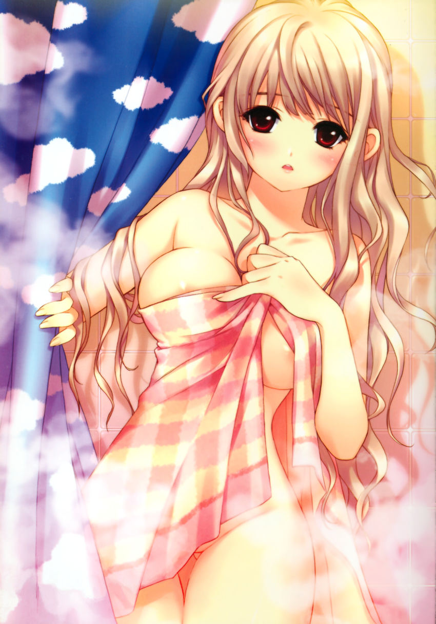 absurdres after_shower areola_slip areolae blonde_hair blush breasts copyright_request highres huge_filesize large_breasts long_hair naked_towel nude open_towel red_eyes shirahane_nao solo steam thigh_gap towel