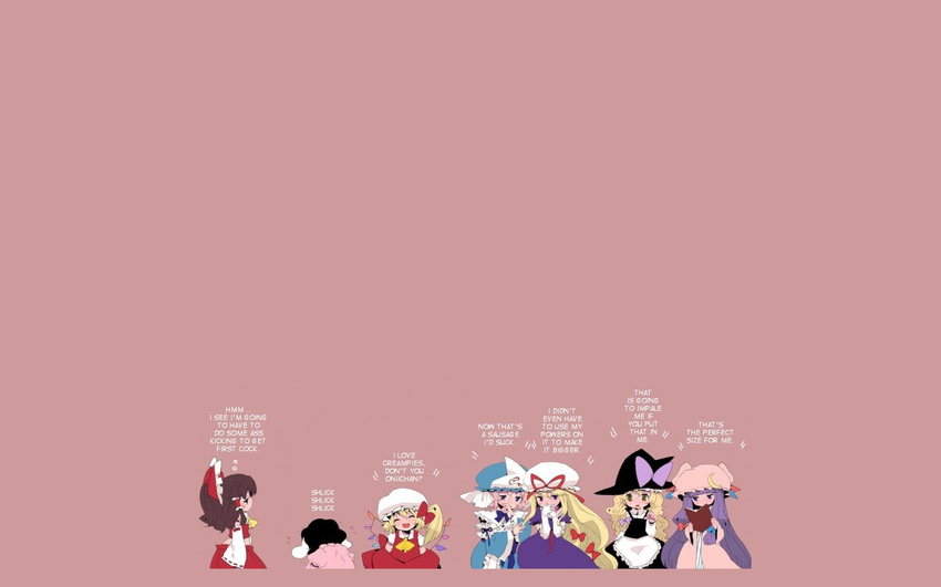 animal_ears black_hair blonde_hair blue_eyes blush book braid brown_hair bunny_ears dress elbow_gloves eyes_closed female flandre_scarlet gloves hair_ribbon hakurei_reimu hat highres ichihaya inaba_tewi japanese_clothes kirisame_marisa laugh laughing long_hair miko patchouli_knowledge pink_hair purple_eyes purple_hair ribbon saigyouji_yuyuko sexually_suggestive side_braid touhou witch_hat yakumo_yukari