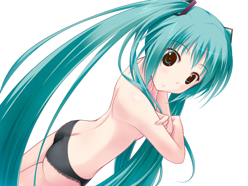 amino_kohaku aqua_eyes aqua_hair arm_grab ass back bangs black_panties blush breasts butt_crack crossed_arms dutch_angle embarrassed flat_chest hair_ornament hatsune_miku lace lace-trimmed_panties long_hair looking_at_viewer medium_breasts panties profile sideboob solo standing surprised topless transparent_background twintails underwear underwear_only very_long_hair vocaloid wallpaper widescreen