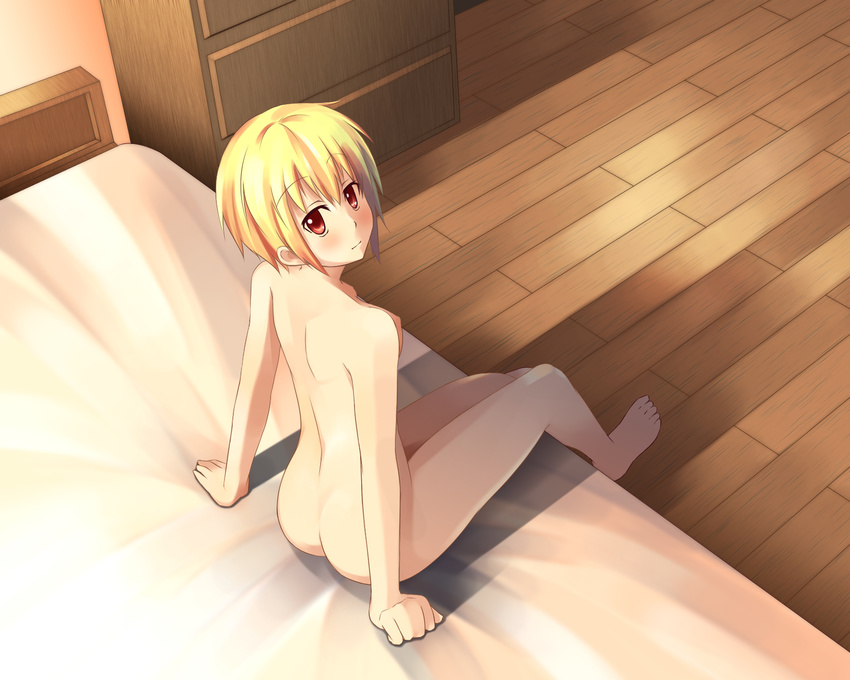 ass bad_id bad_pixiv_id barefoot bed blonde_hair breasts feet from_above highres looking_up medium_breasts nude original rasukaru_(a_tale_of_a_cat) red_eyes short_hair sitting solo toes