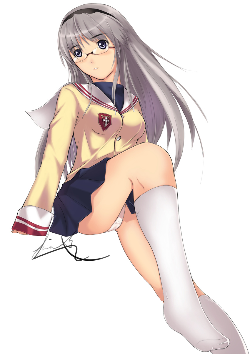 blue_eyes clannad dormant_wing feet glasses grey_hair hairband highres hikarizaka_private_high_school_uniform kneehighs long_hair panties pantyshot sakagami_tomoyo school_uniform socks solo underwear white_legwear