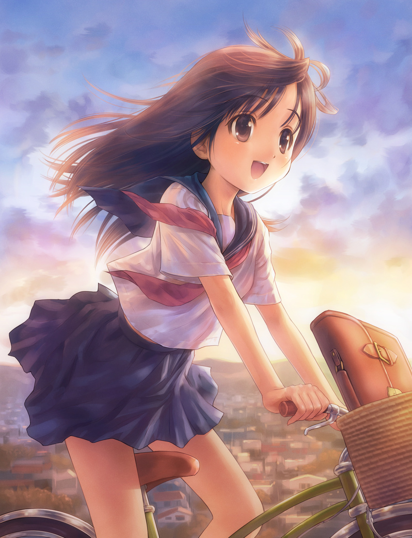 :d absurdres bag bare_legs basket bicycle bicycle_basket black_skirt blouse brown_eyes brown_hair building city cityscape cloud from_side goto_p ground_vehicle happy highres house long_hair looking_away neckerchief non-web_source open_mouth original outdoors riding school_briefcase school_uniform serafuku short_sleeves skirt sky smile solo summer sunset white_blouse wind