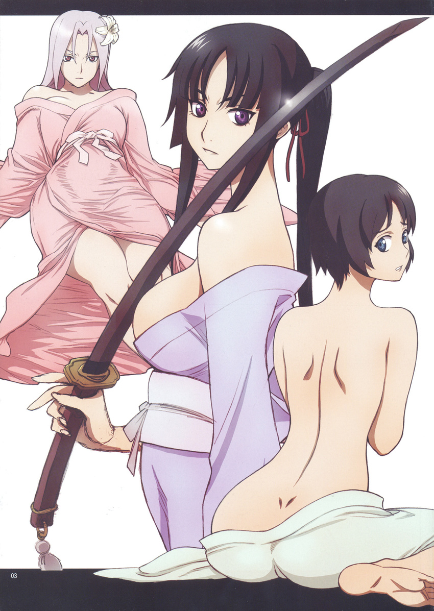 artist_request back bare_back bare_shoulders barefoot black_hair blue_eyes dimples_of_venus ga-rei ga-rei_zero highres isayama_mei isayama_yomi japanese_clothes jpeg_artifacts kimono long_hair looking_at_viewer looking_back multiple_girls non-web_source purple_eyes purple_hair scan short_hair soles sword tsuchimiya_kagura weapon