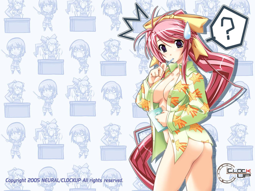 ahoge amatsue_hikari ass breasts cleavage dyogrammaton lugh_burrenclare no_pants open_clothes open_shirt pink_hair ponytail purple_eyes ribbon shirt wallpaper