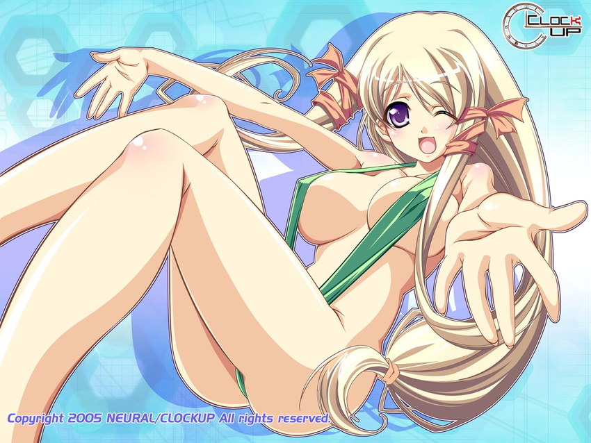 blonde_hair clock_up clockup dyogrammaton gelsomina_piacentini gelsomina_piacentini(mina) long_hair purple_hair ribbon sling_bikini swimsuit wink