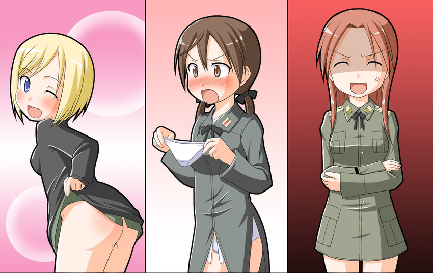 ass blonde_hair blue_eyes blush bottomless brown_eyes brown_hair closed_eyes erica_hartmann gertrud_barkhorn holding holding_panties long_hair looking_back military military_uniform minna-dietlinde_wilcke multiple_girls no_panties one_eye_closed panties panties_removed red_hair short_hair strike_witches twintails underwear uniform white_panties world_witches_series youta_(asatsukidou)