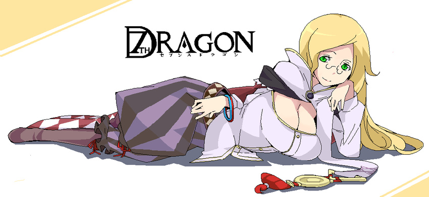 7th_dragon 7th_dragon_(series) amami_amayu blonde_hair breasts cape cleavage glasses green_eyes large_breasts long_hair lying mage_(7th_dragon) solo vanessa_(7th_dragon)