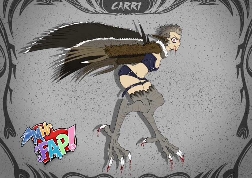 2019 animal_humanoid avian avian_humanoid belt bird claws clothed clothing creepy_girl digital_drawing_(artwork) digital_media_(artwork) feathered_wings feathers female grey_hair hair harpy hi_res humanoid leather looking_at_viewer mammal mhfap! midriff monster_girl_(genre) not_furry pose punishedkom red_eyes short_hair simple_background solo standing talons toe_claws vulture wings