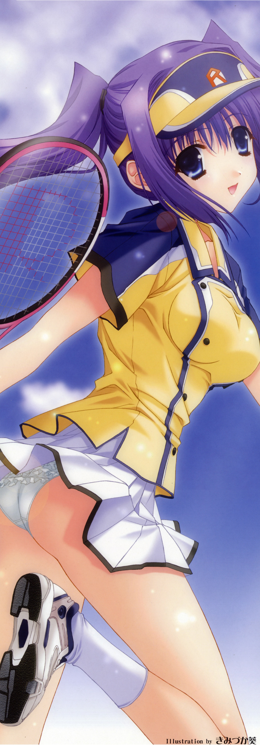 absurdres ass blue_eyes breasts clothes_writing copyright_request frilled_panties frills highres kimizuka_aoi large_breasts long_image panties pantyshot purple_hair racket shoes skirt sneakers socks solo sportswear stick_poster tall_image tennis_racket tennis_uniform twintails underwear visor_cap white_panties