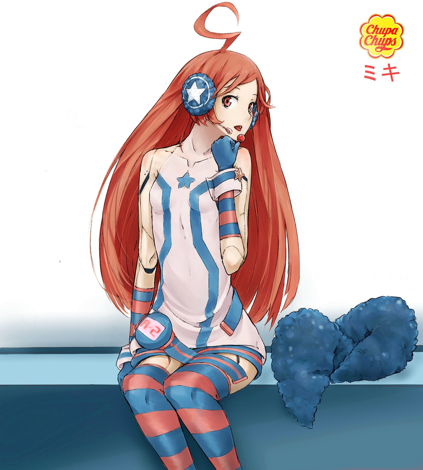 absurdres ahoge android bad_id bad_pixiv_id candy chupa_chups food francisco_valle gloves headphones headset highres kneehighs lollipop long_hair multicolored multicolored_clothes multicolored_legwear product_placement red_eyes red_hair robot_joints sf-a2_miki sitting socks solo striped striped_gloves striped_legwear thighhighs tongue vocaloid zettai_ryouiki