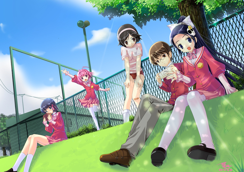 4girls blue_hair brown_hair elsea_de_lute_irma elsee_de_ruth_ima elysia_de_lute_ima grass kami_nomi_zo_shiru_sekai katsuragi_keima long_hair multiple_characters multiple_girls nakagawa_kanon open_mouth pink_hair playstation_portable ponytail shiomiya_shiori shoes shogakukan short_hair skirt sky smile sony summer takahara_ayumi thighhighs