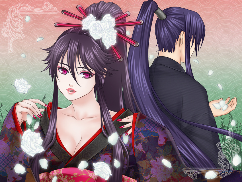 1girl bad_id bad_pixiv_id breasts cleavage flower gakuko geisha genderswap genderswap_(mtf) japanese_clothes kamui_gakupo kimono long_hair medium_breasts nail_polish ohse petals pink_eyes pink_nails purple_hair vocaloid