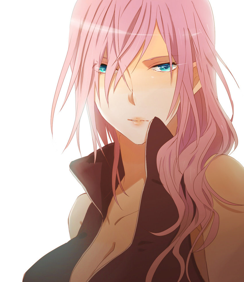 bad_id bad_pixiv_id blue_eyes breasts cleavage final_fantasy final_fantasy_xiii glowing glowing_eyes highres karuha large_breasts lightning_farron lips pink_hair simple_background solo
