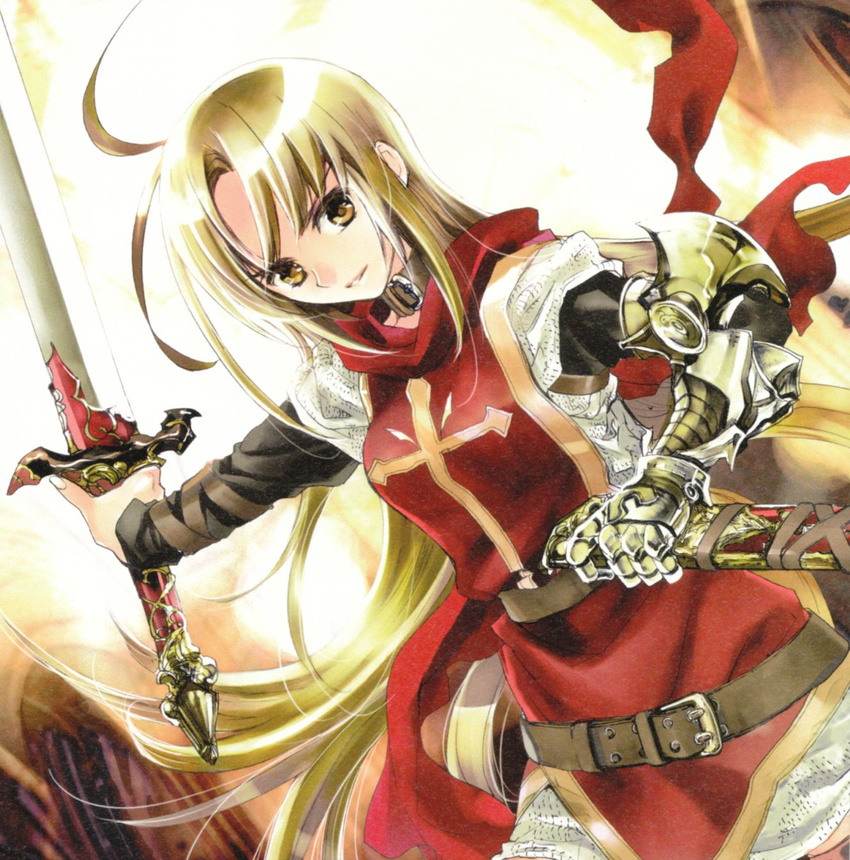 armor blonde_hair brown_eyes copyright_request highres kuramoto_kaya long_hair solo sword weapon