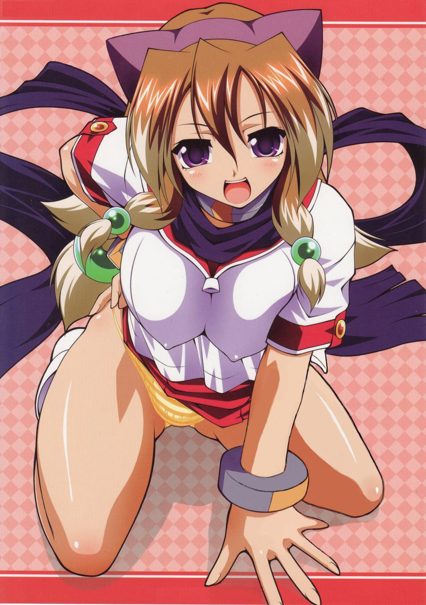 :d animal_ears arcana_heart arcana_heart_2 arm_support blush bracelet breasts brown_hair checkered checkered_background collar covered_nipples doujinshi hair_bobbles hair_ornament hairband hand_on_hip highres inuwaka_akane jewelry jpeg_artifacts kneeling large_breasts long_hair multicolored_hair open_mouth orange_panties panties pantyshot pleated_skirt purple_eyes raven_(artist) scan scan_artifacts scarf school_uniform serafuku shadow skirt skirt_lift smile solo striped striped_panties thighs two-tone_hair underwear very_long_hair white_hair yellow_panties