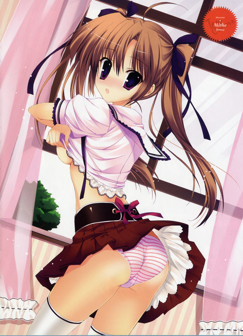 absurdres ass breasts brown_hair copyright_request hair_ribbon highres medium_breasts mitha panties purple_eyes ribbon solo striped striped_panties thighhighs twintails underboob underwear undressing white_legwear