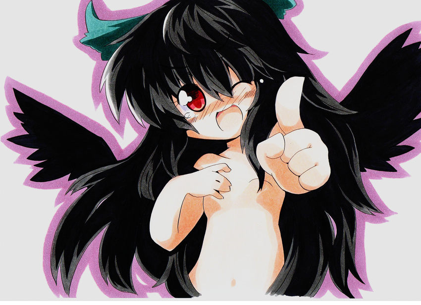 black_hair flat_chest highres laughing long_hair marker_(medium) milkpanda nude one_eye_closed pointing pointing_at_viewer red_eyes reiuji_utsuho solo touhou traditional_media very_long_hair wings