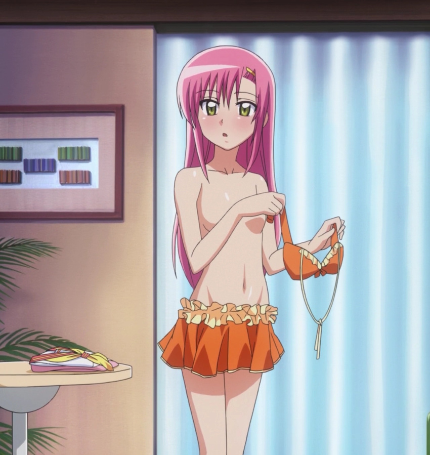 bikini blush flat_chest green_eyes hair_ornament hairclip hayate_no_gotoku! highres katsura_hinagiku long_hair open_mouth pink_hair screencap solo standing stitched swimsuit third-party_edit topless